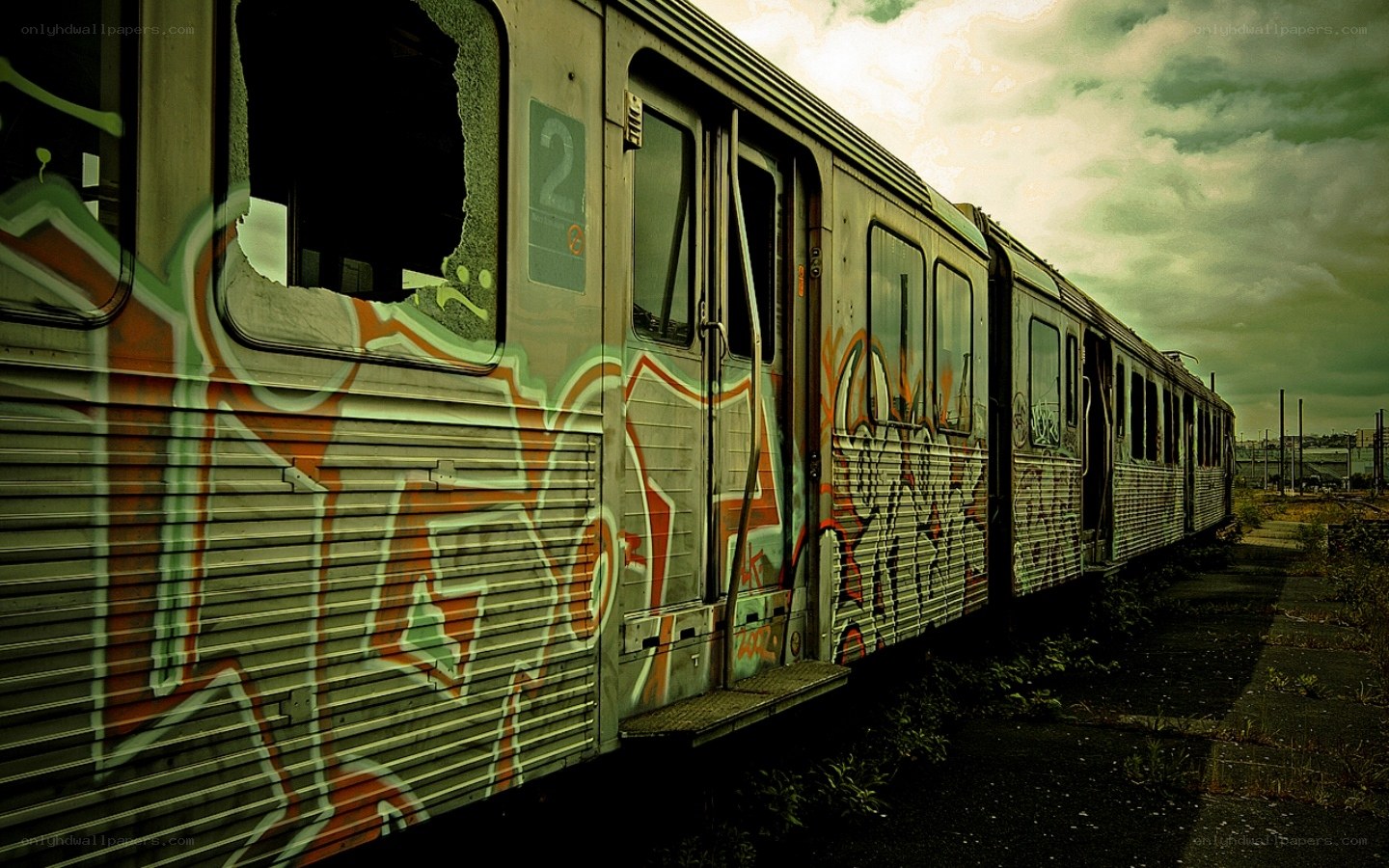 Abandoned graffiti-covered train