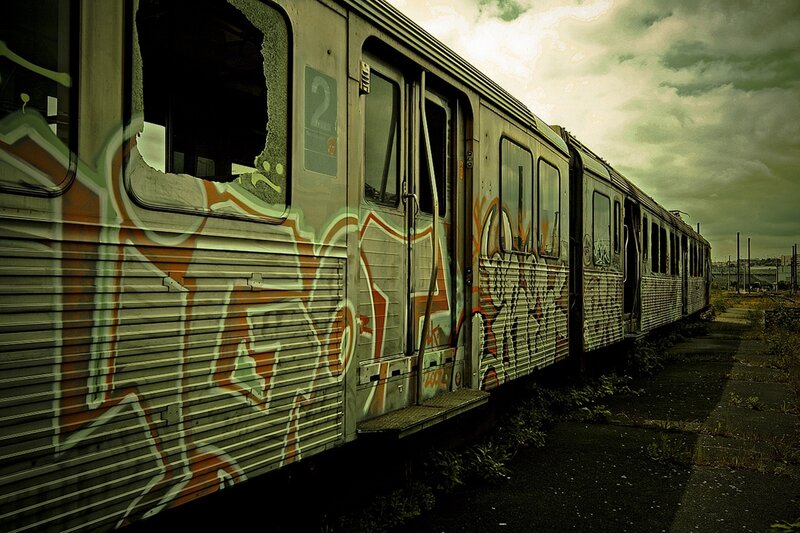 abandoned graffiti-covered train