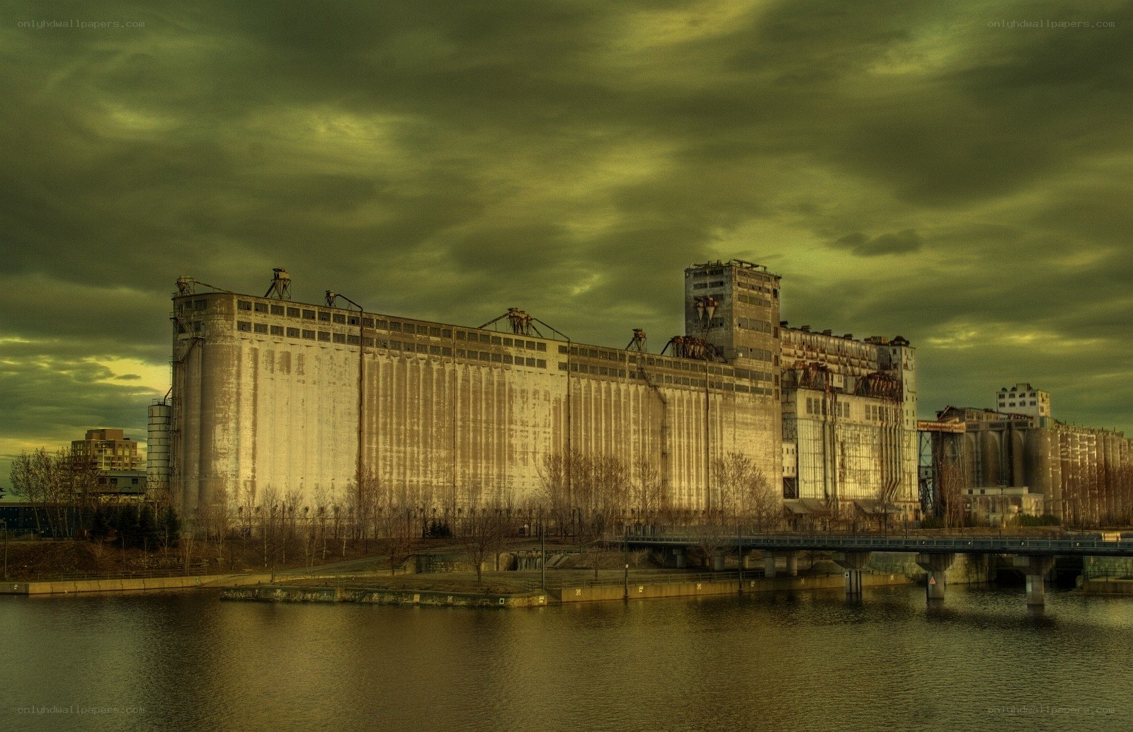 Abandoned grain silos by the river