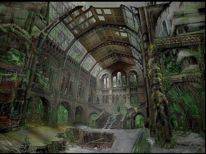 abandoned grand hall overgrown with vines