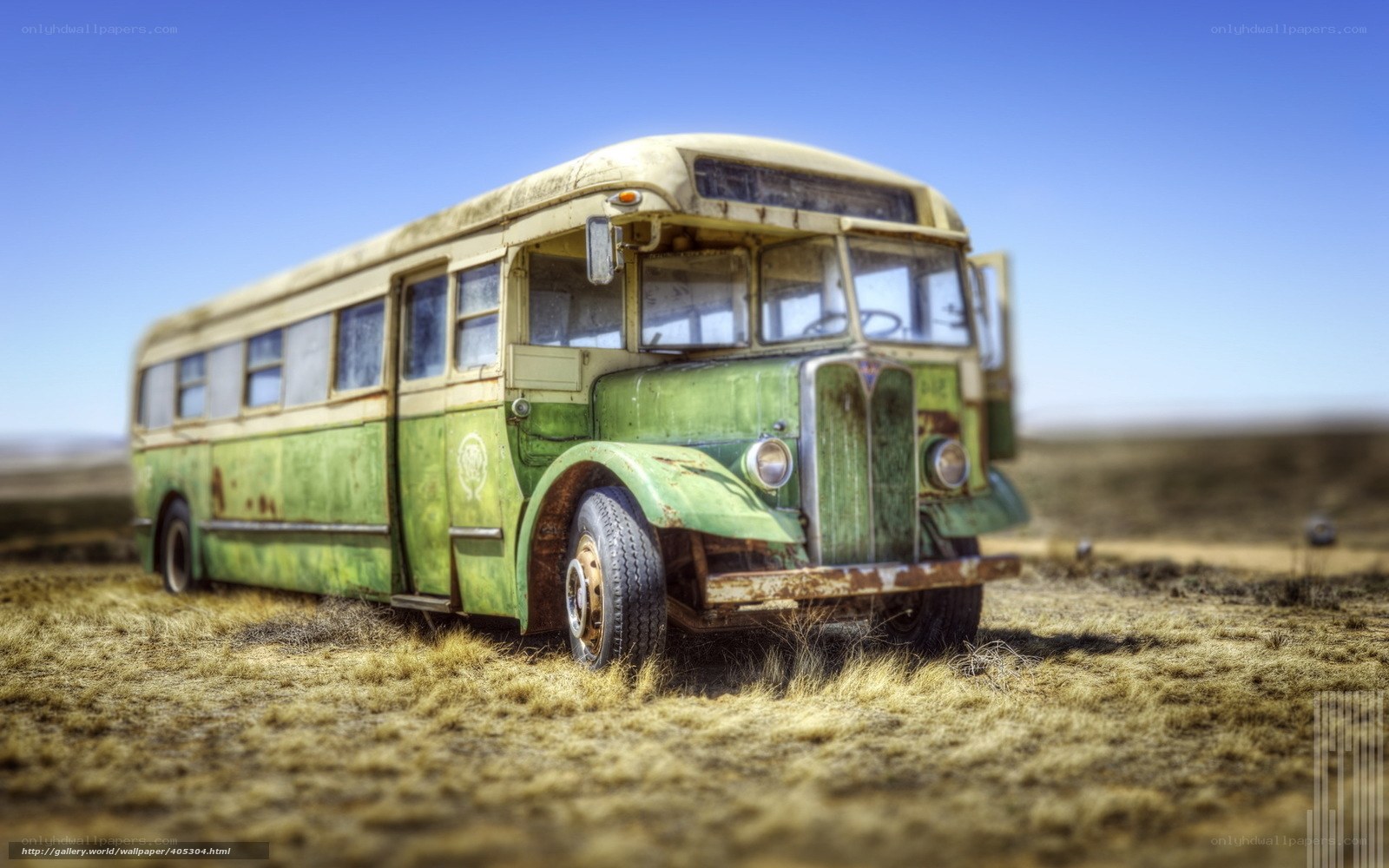 abandoned green bus in field