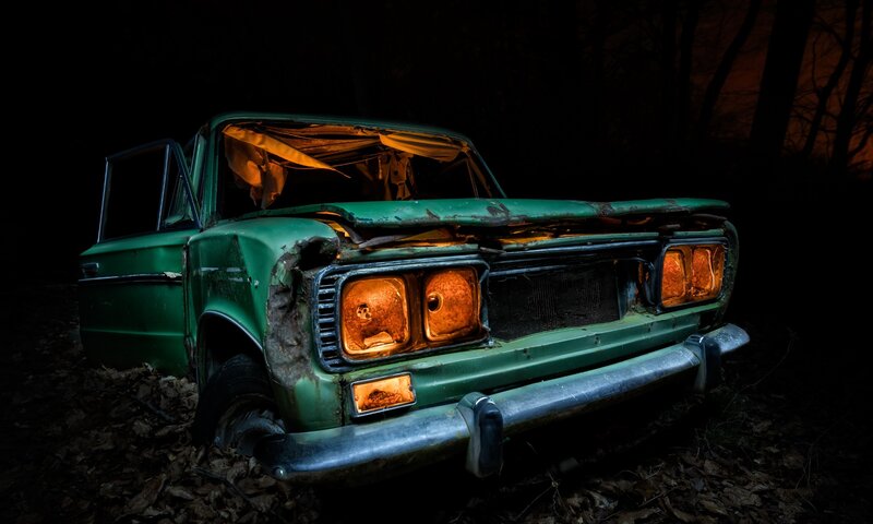Abandoned Green Car — Dark
