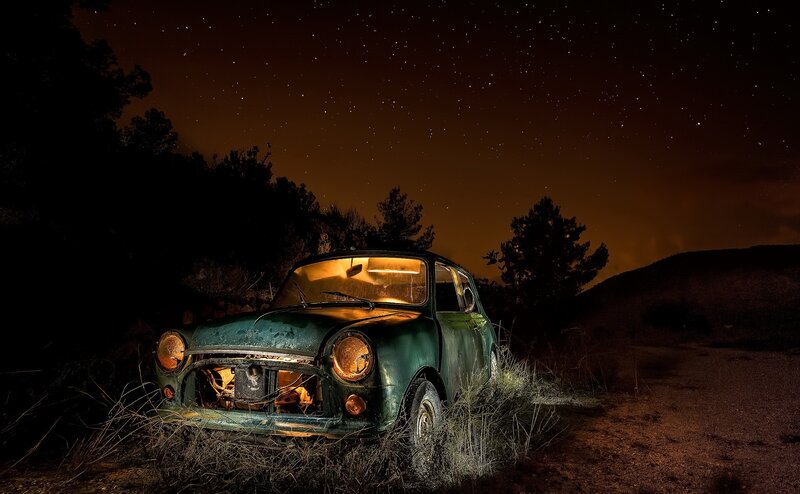 Abandoned Green Car — Dramatic, Night
