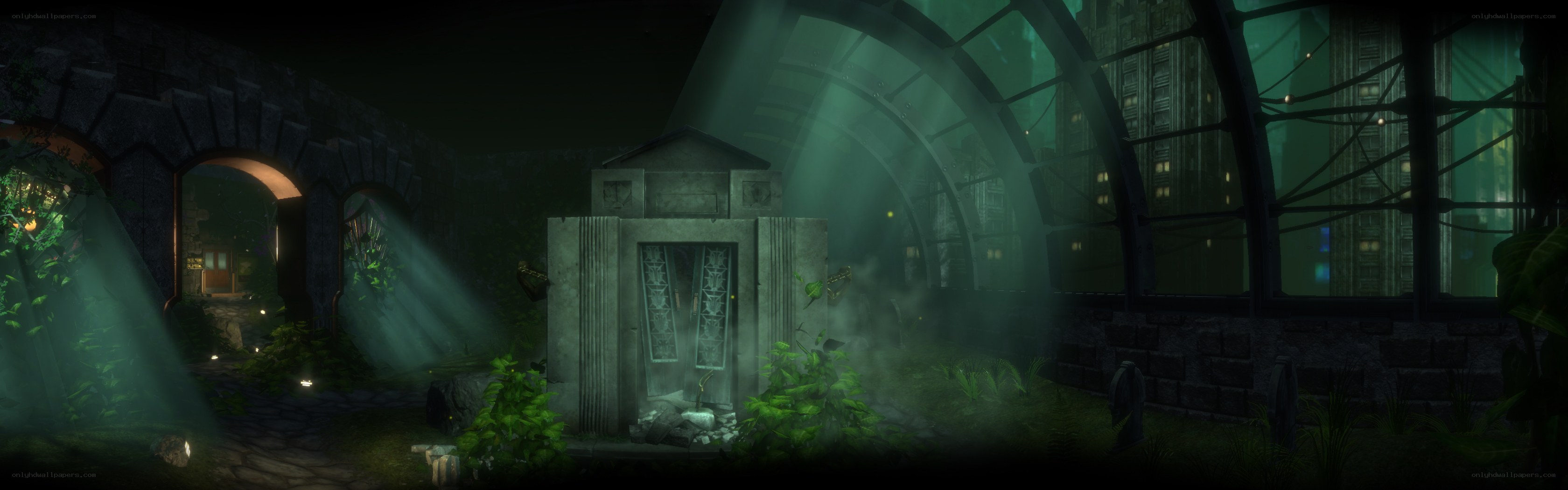 abandoned greenhouse at night