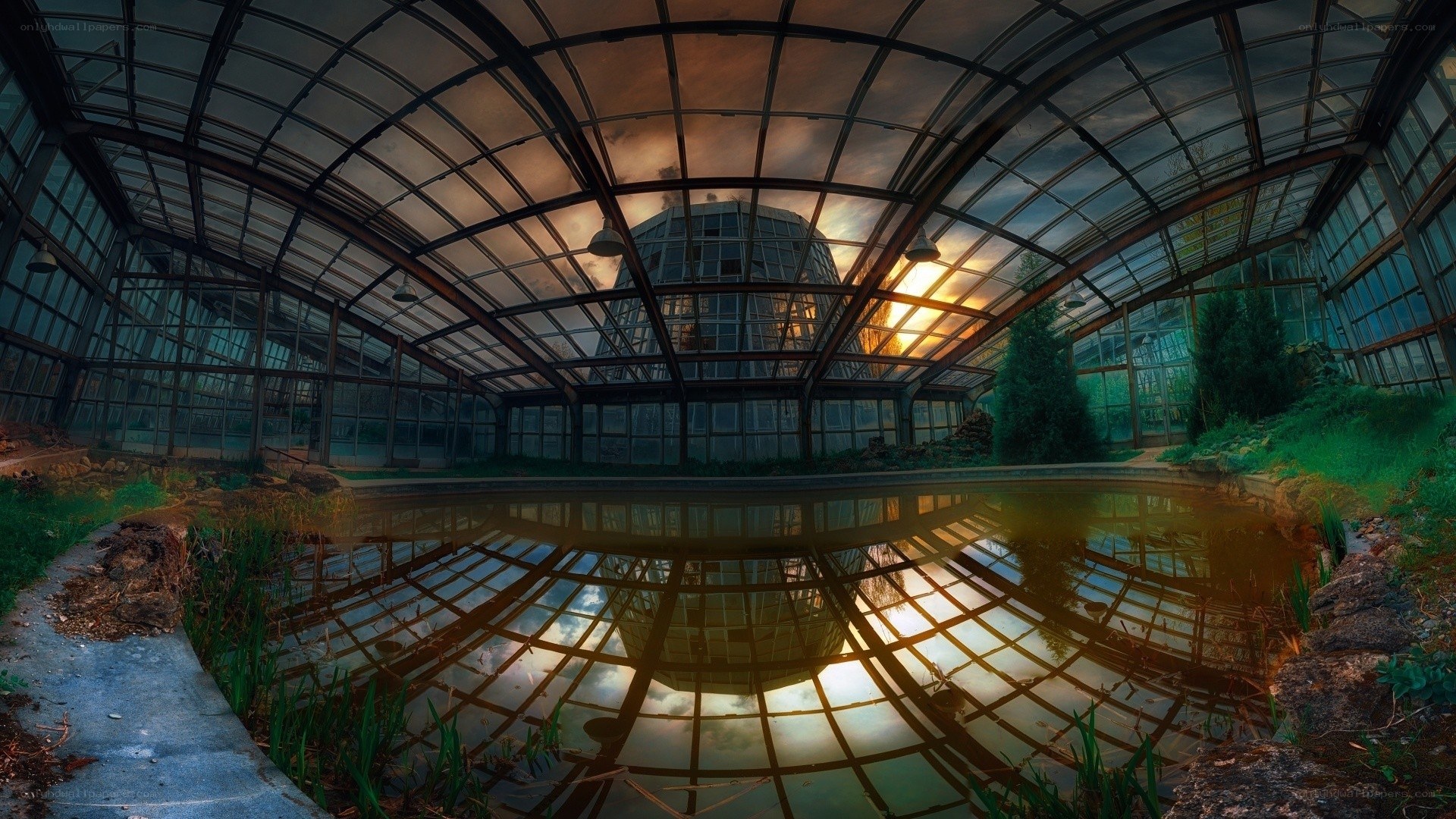 Abandoned greenhouse at sunset