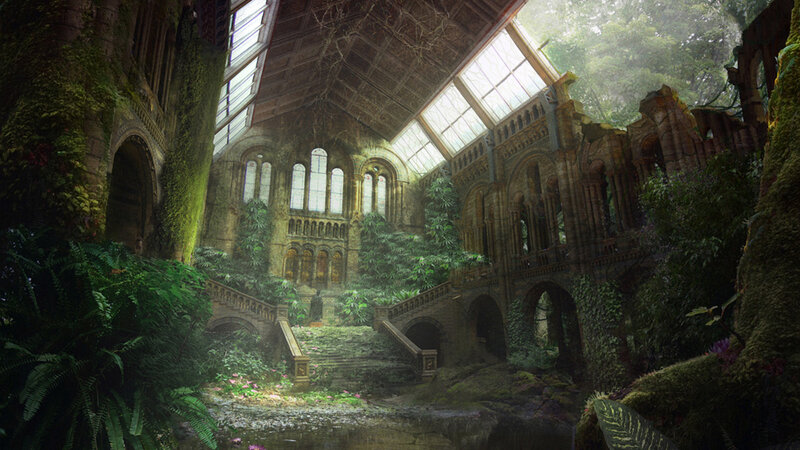 Abandoned Greenhouse Interior — Green, Overgrown