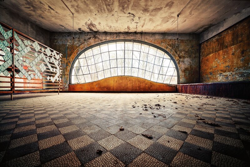 Abandoned Hall Interior — Brown, Desolate, Photograph