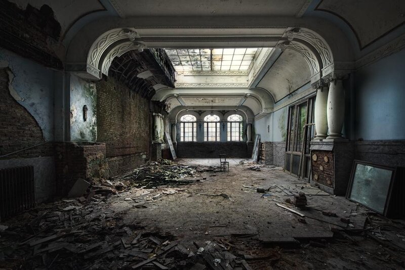 Abandoned Hall Interior — Gray, Desolate