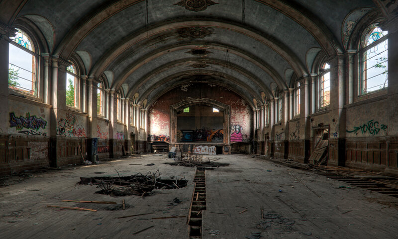 Abandoned Hall Interior — Gray