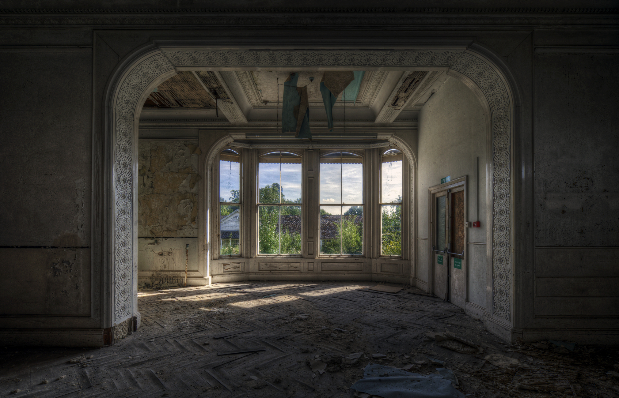 Abandoned hall with bay window