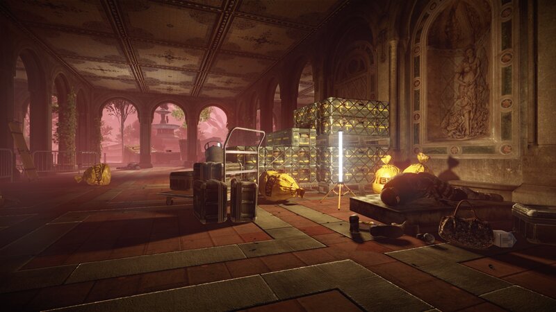 Abandoned hall with crates and bodies