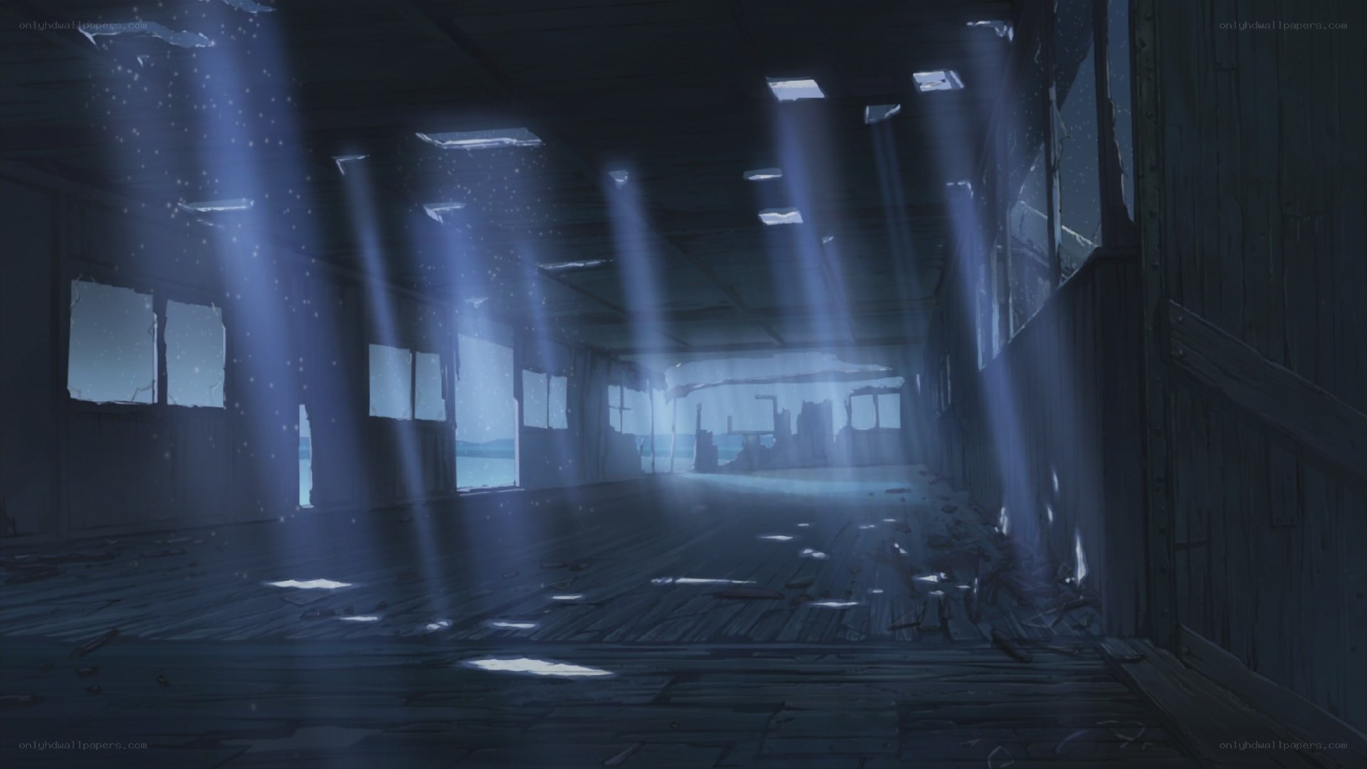 abandoned hall with light beams