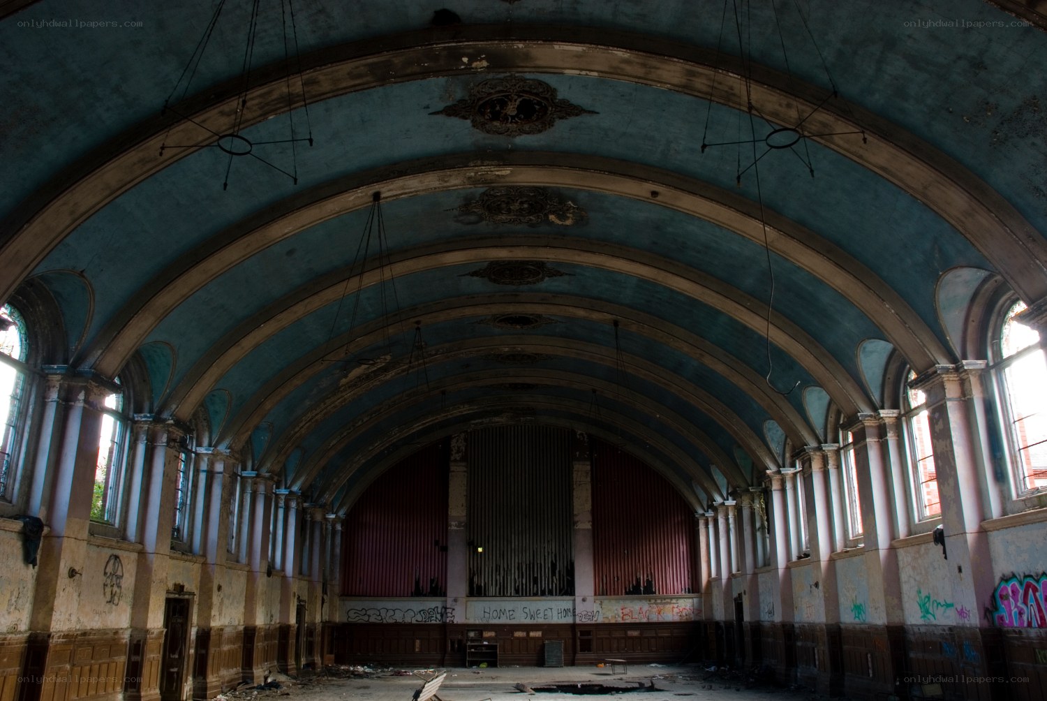 abandoned hall with organ