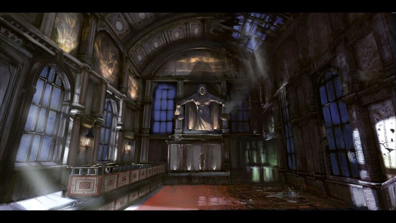 abandoned hall with statue