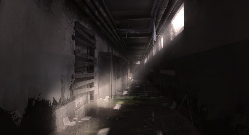 Abandoned Hallway — Gray, Dark, Digital Art