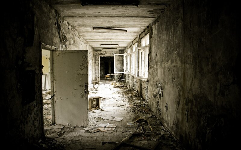 Abandoned Hallway — Gray, Dramatic, Photograph, Door