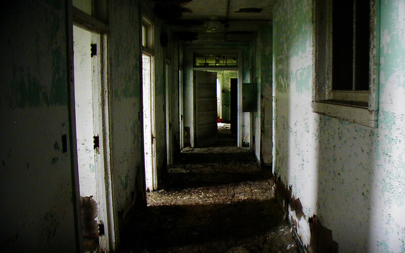 Abandoned Hallway — White, Dilapidated