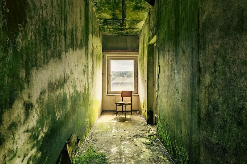 Abandoned Hallway with Chair — Green