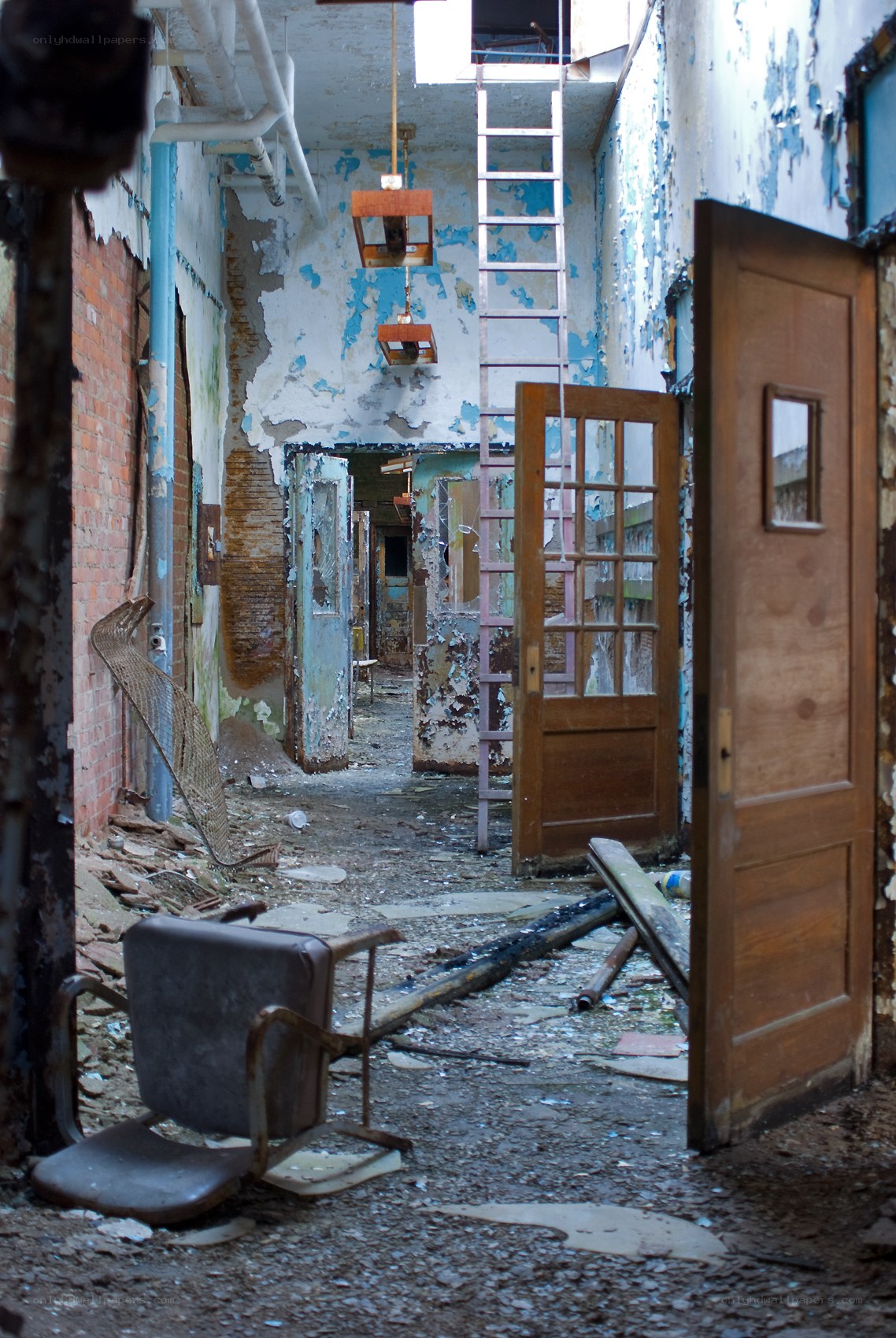 abandoned hallway with debris
