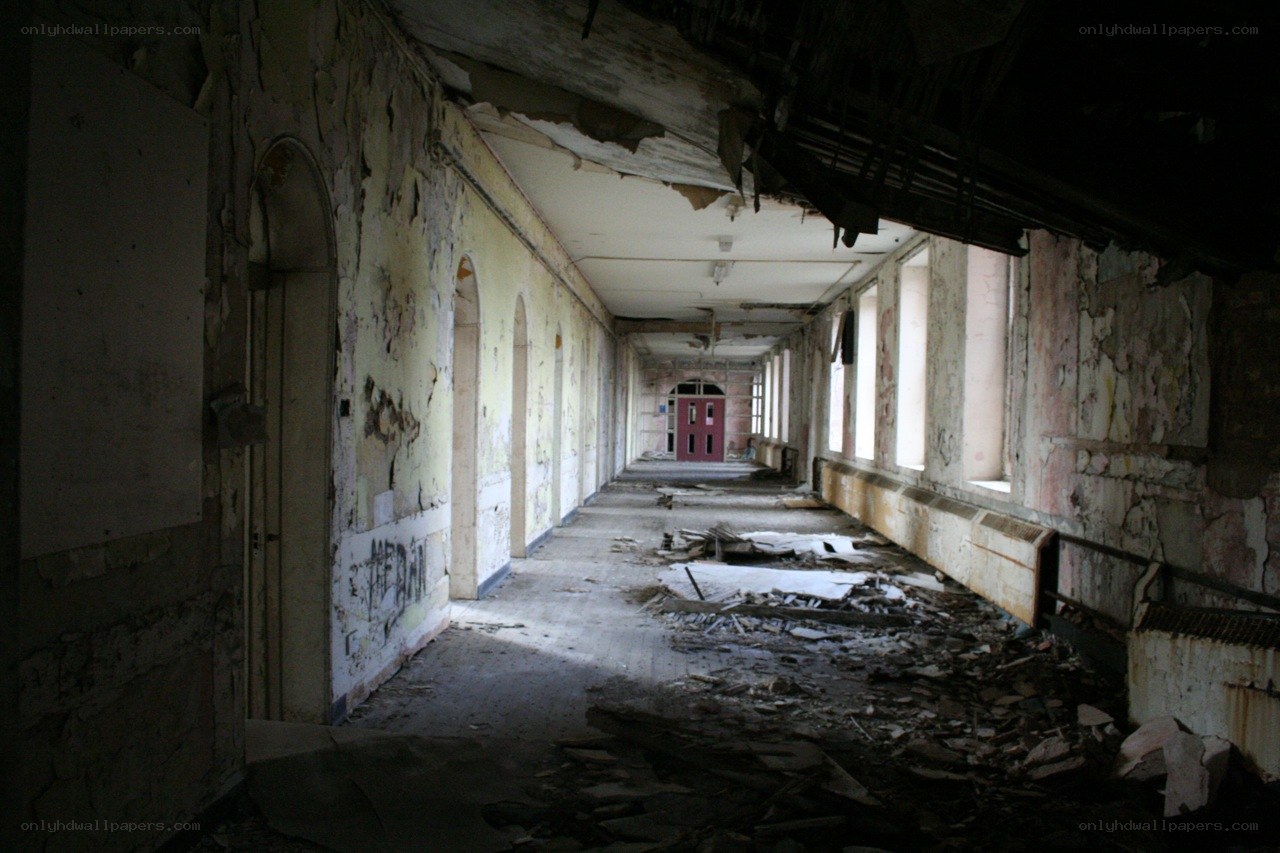 Abandoned hallway with debris