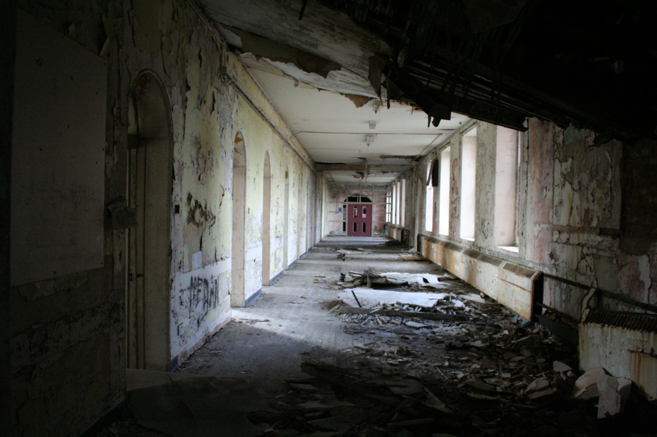 Abandoned hallway with debris