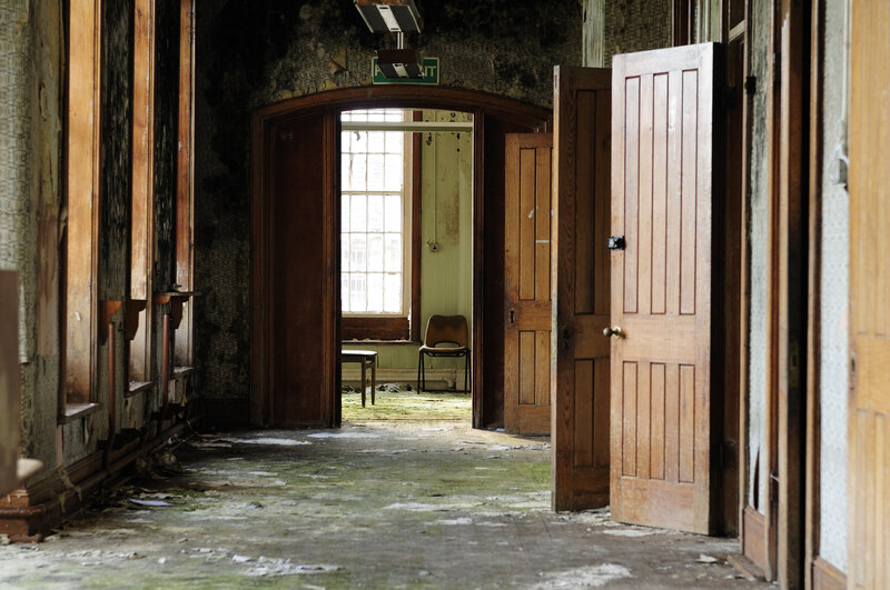 abandoned hallway with green mold