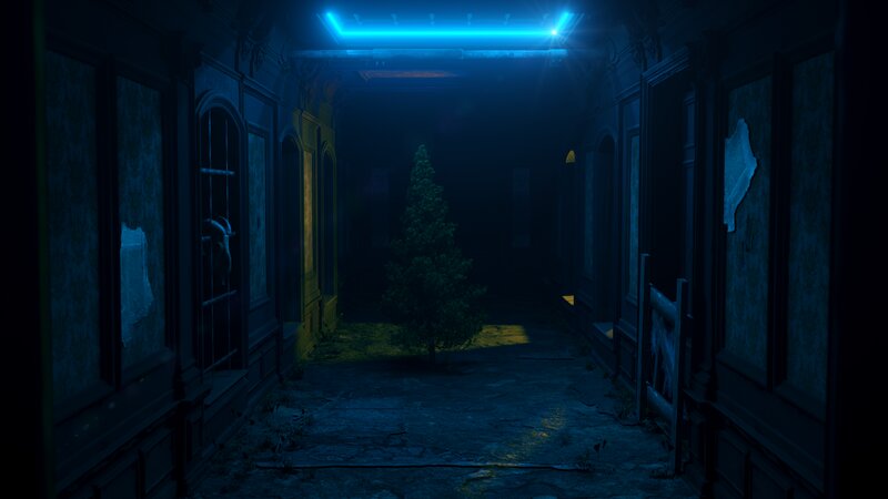 Abandoned Hallway with Tree