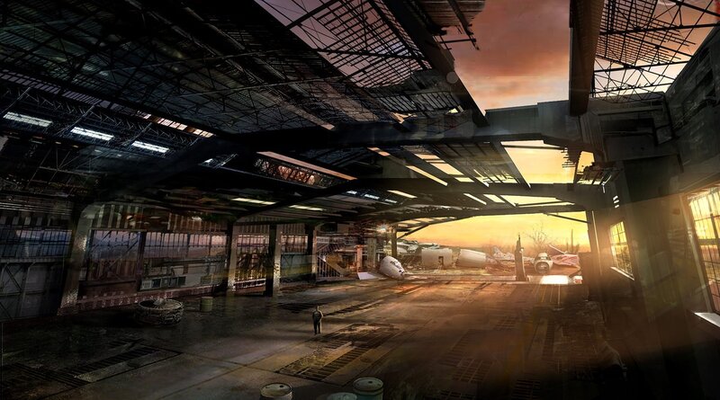 abandoned hangar at sunset
