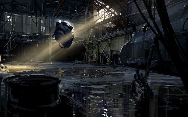 Abandoned hangar with floating object