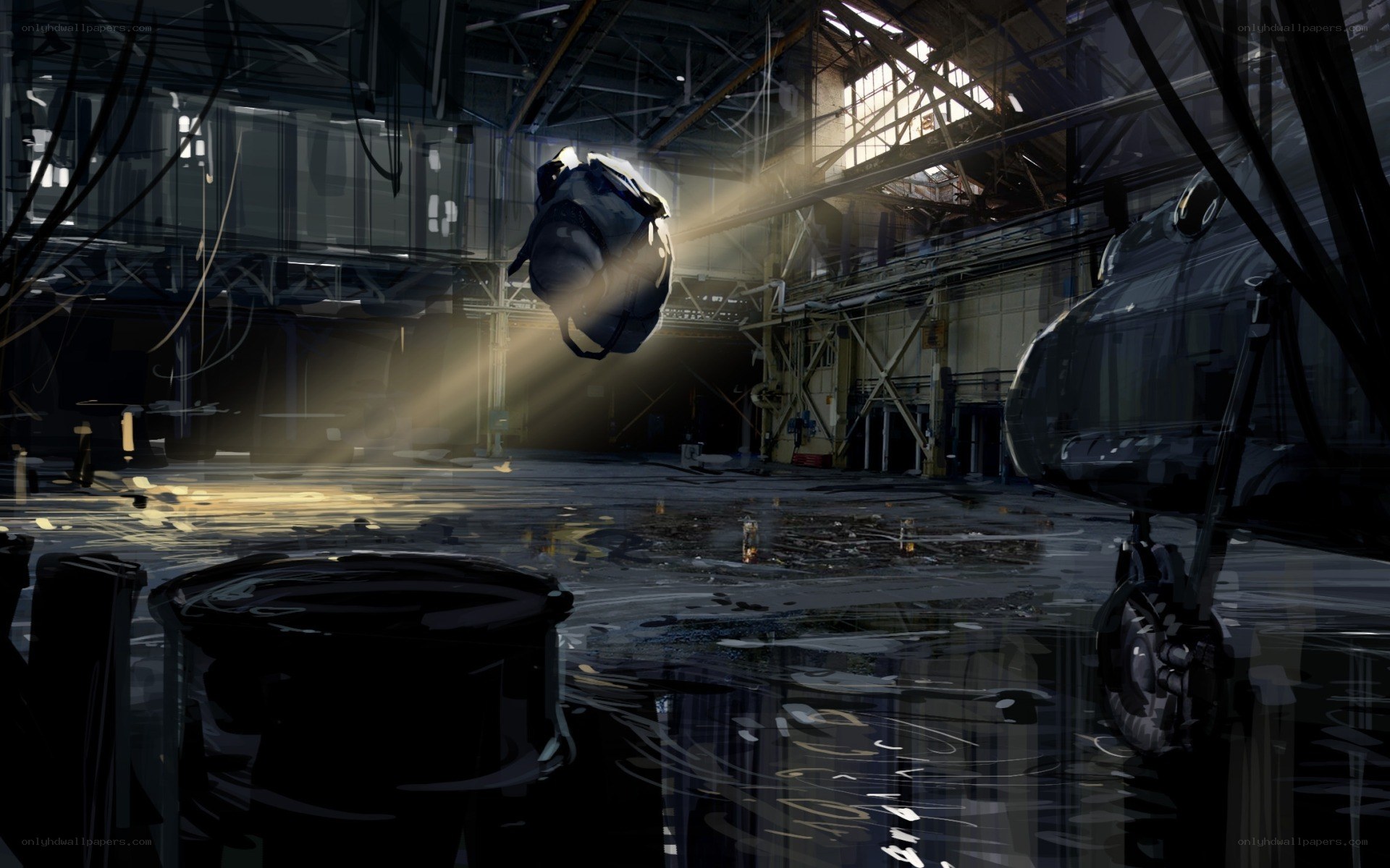 Abandoned hangar with floating object