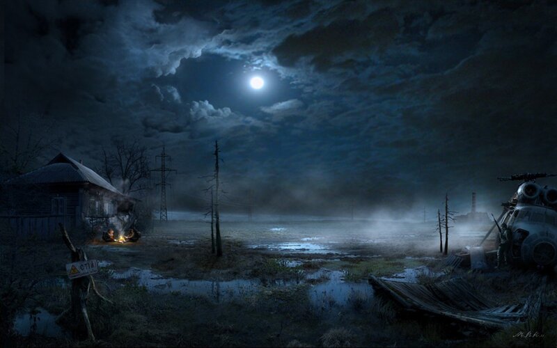 Abandoned Helicopter at Night