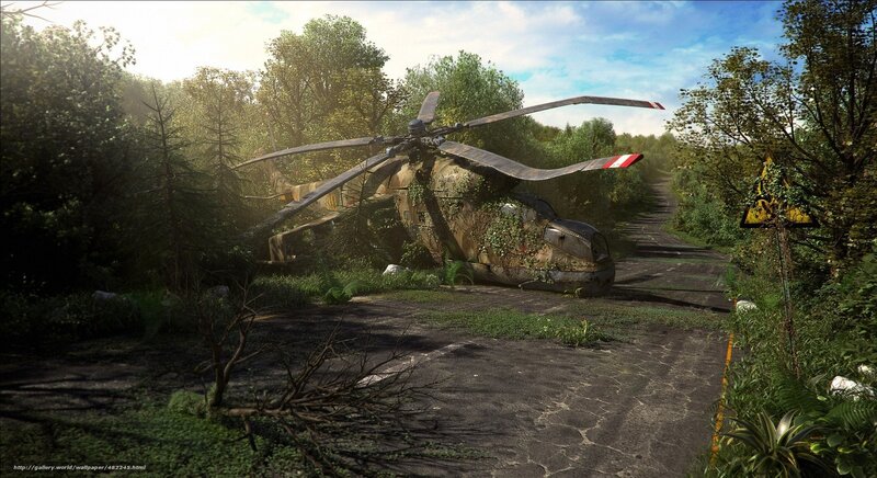 Abandoned helicopter in forest