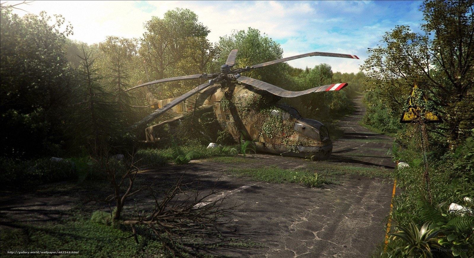 Abandoned helicopter in forest