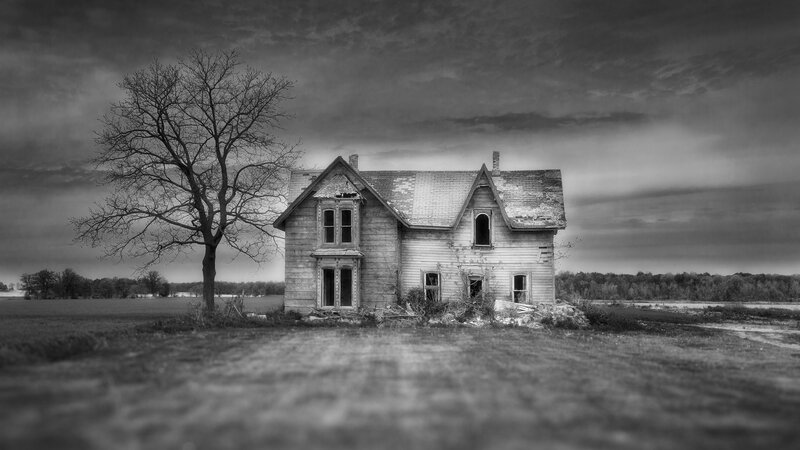 Abandoned House in Field — Black, Dramatic, Photograph