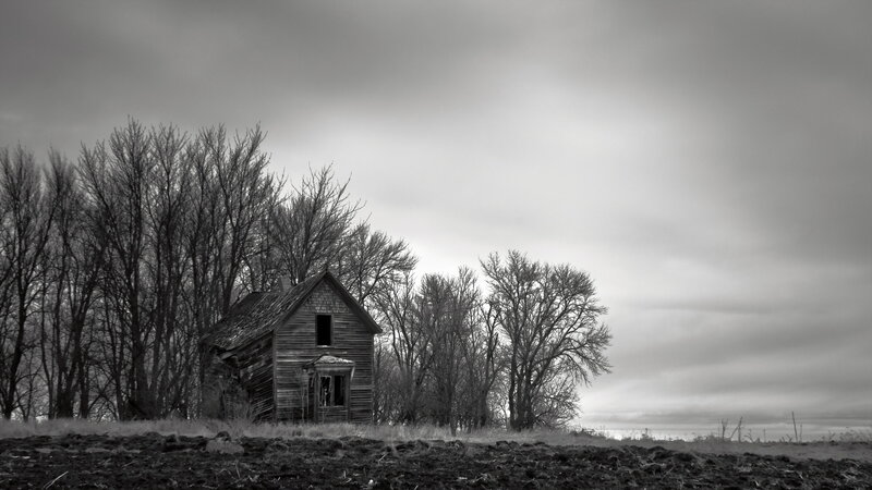 Abandoned House in Field — Black, Dreary, Winter