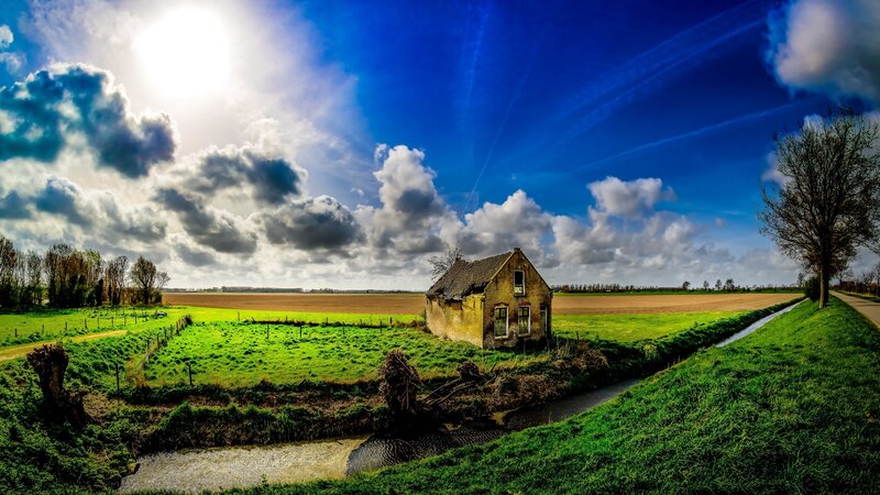 Abandoned House in Field — Blue, Dramatic, Afternoon