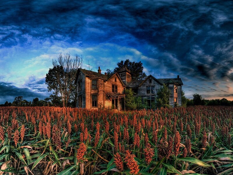 Abandoned House in Field — Blue, Dramatic, Sunset, Photograph, Cornfield, Cloudy Sky