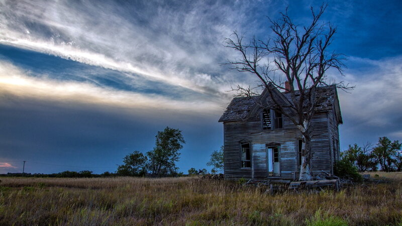 Abandoned House in Field — Blue, Dramatic, Sunset, Photograph