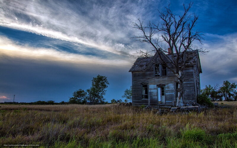 Abandoned House in Field — Blue, Dramatic, Sunset, Photograph, Tree