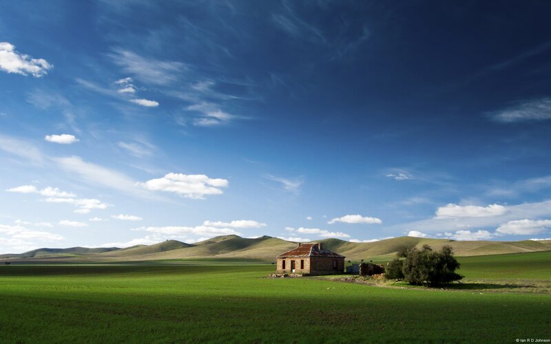 Abandoned House in Field — Blue, Serene, Afternoon, Photograph, Hills, Tree