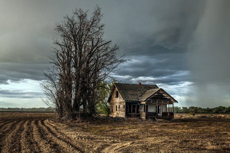 Abandoned House in Field — Brown, Dramatic, Afternoon