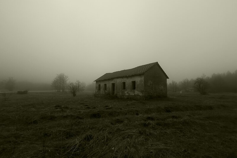 Abandoned House in Field — Gray, Dreary