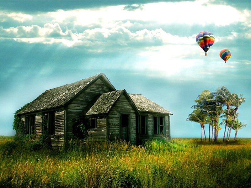 Abandoned House in Field — Green, Dramatic, Afternoon