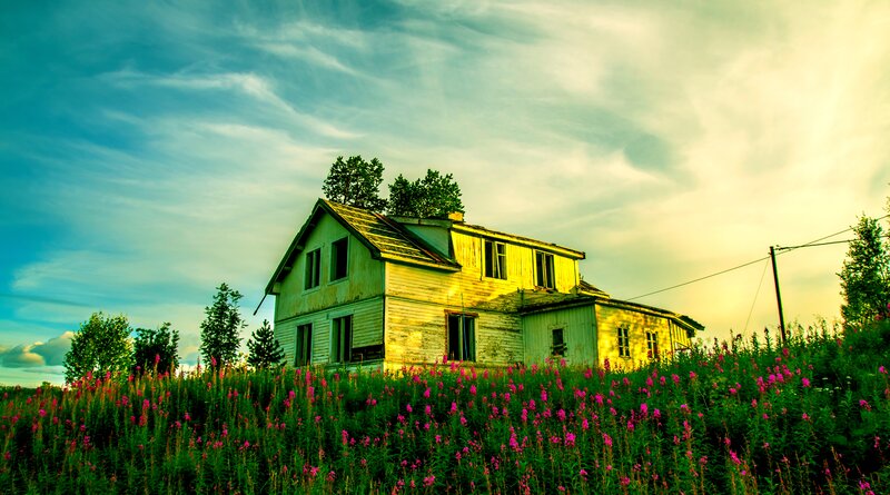 Abandoned House in Field — Green, Dramatic, Sunset, Photograph