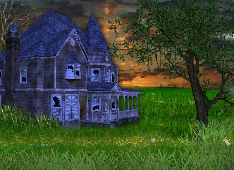 Abandoned House in Field — Green, Dramatic, Sunset