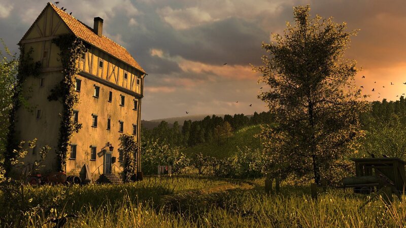 Abandoned House in Field — Green, Serene, Sunset
