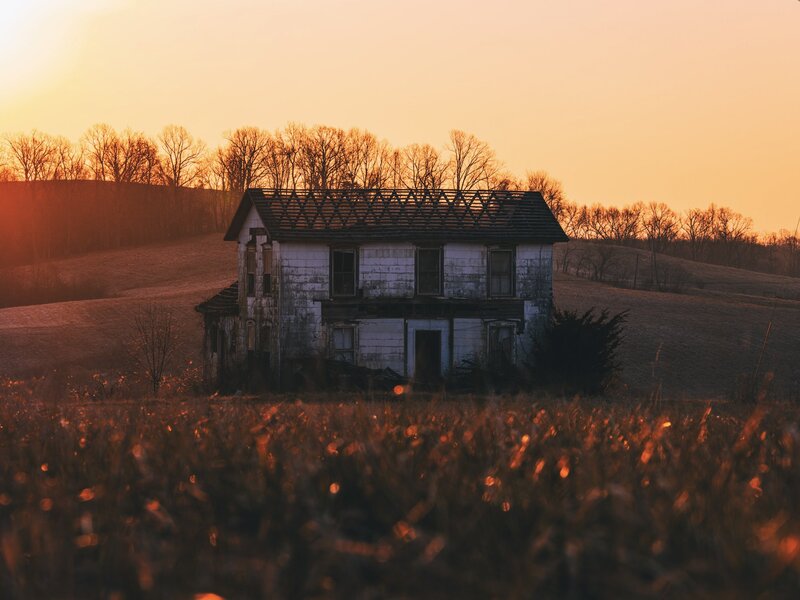 Abandoned House in Field — Orange, Dramatic, Sunset