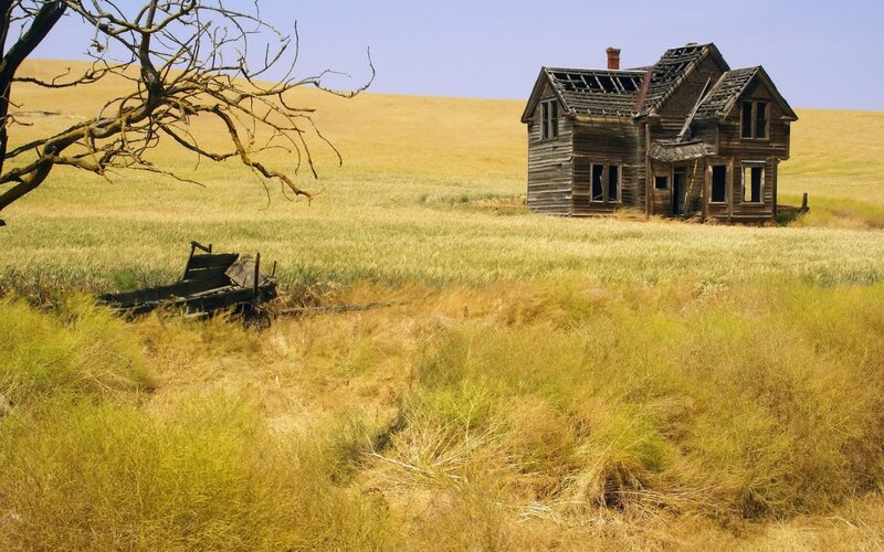 Abandoned House in Field — Yellow, Desolate