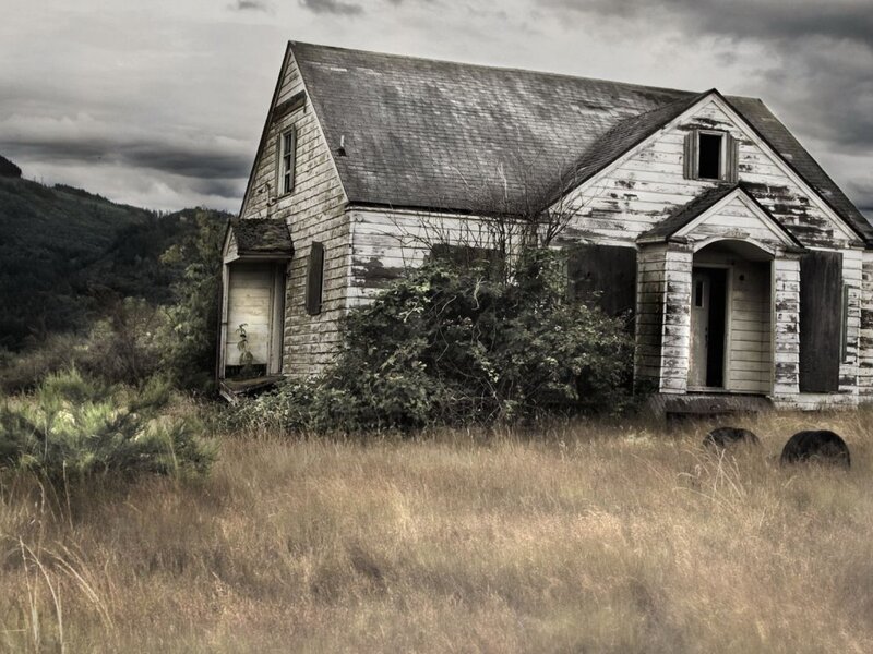 abandoned house in overgrown field