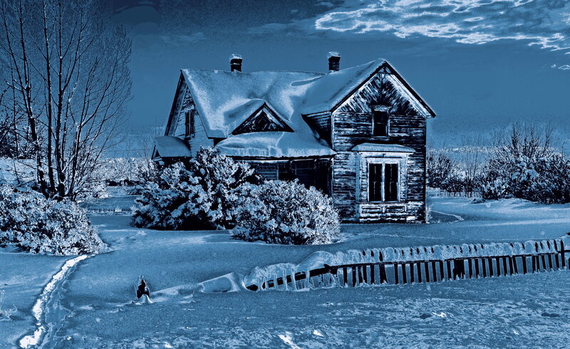 Abandoned House in Snow — Blue
